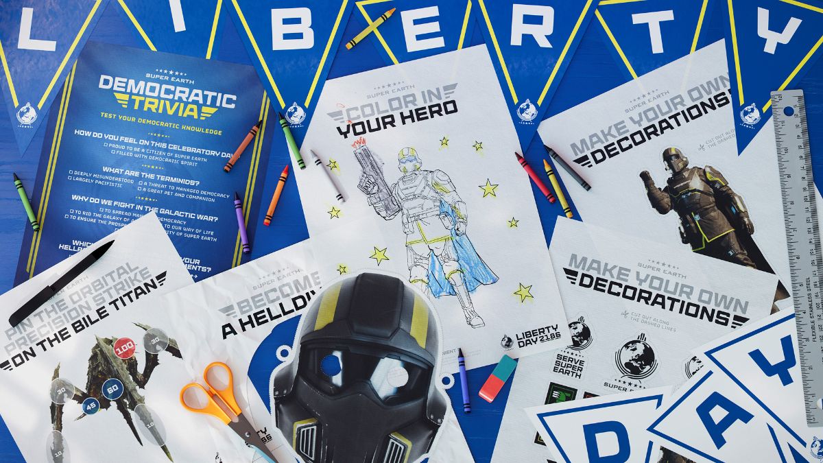 Ausgedruckte Bögen des Liberty Day Party Pack mit Quiz, Bastelvorlagen und Helldiver-Helm auf einem Tisch