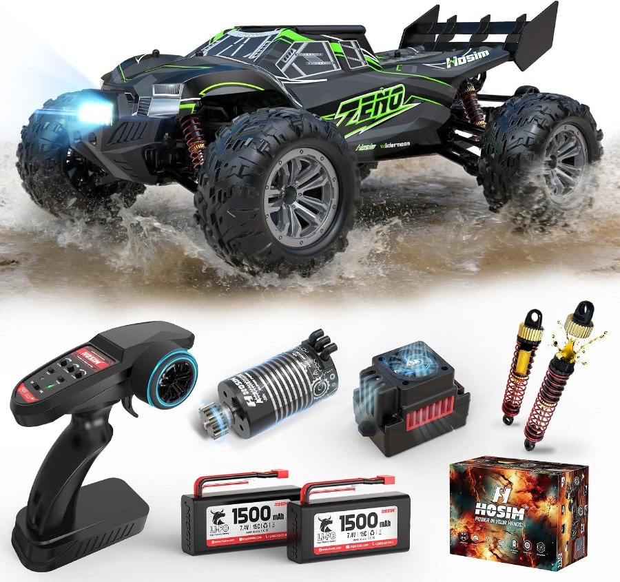 Schwarz-grüner Hosim 1:10 Brushless-Truck im Gelände, darunter Fernsteuerung, Motor, Regler, Dämpfer und zwei 1.500-mAh-Akkus