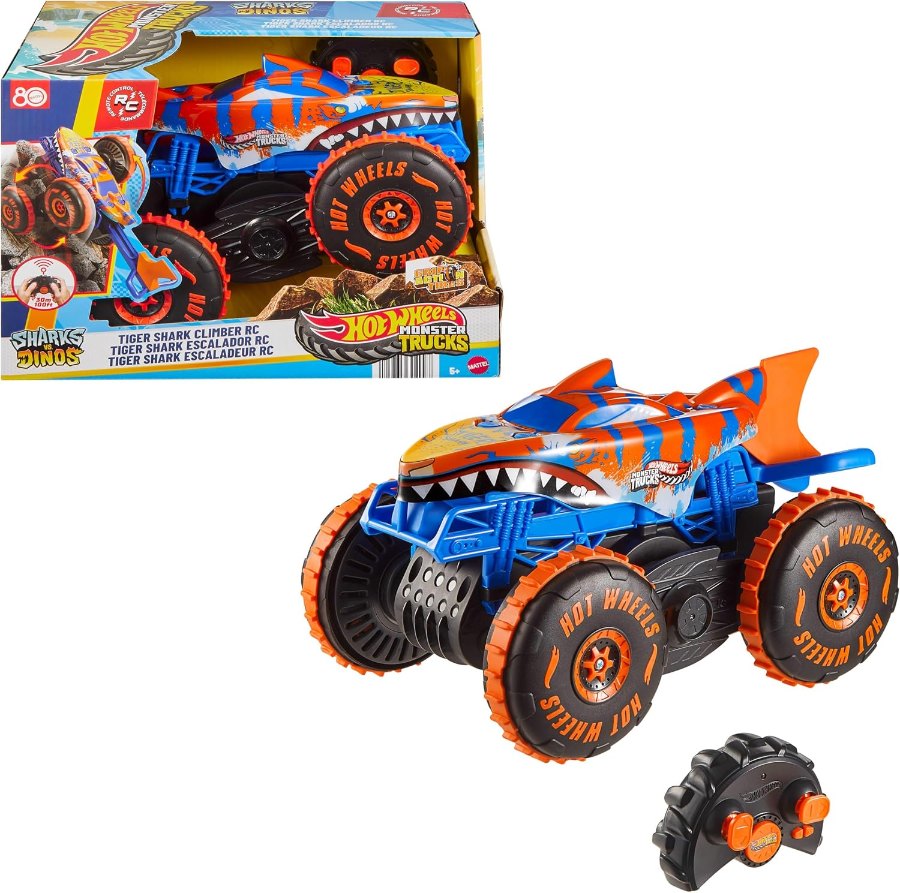 Hot Wheels Monster Trucks RC Tiger Shark Climber mit verlängerter Schwanzflosse zum Klettern