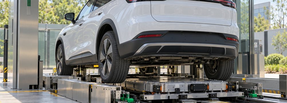 KI-Illustration: weißes Elektroauto auf einer Serviceplattform mit flachem Akkupaket auf einem Schienenträger darunter