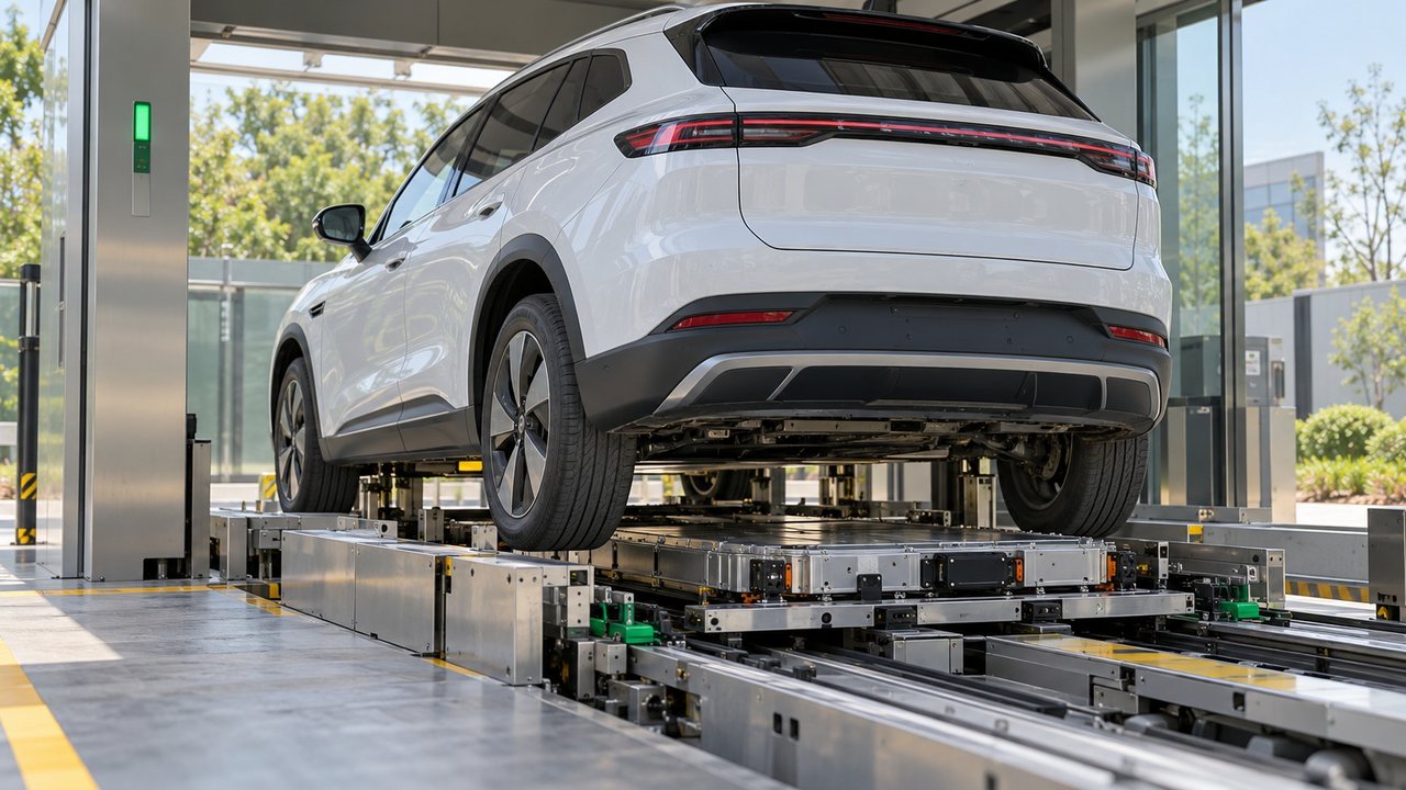 KI-Illustration: weißes Elektroauto auf einer Serviceplattform mit flachem Akkupaket auf einem Schienenträger darunter