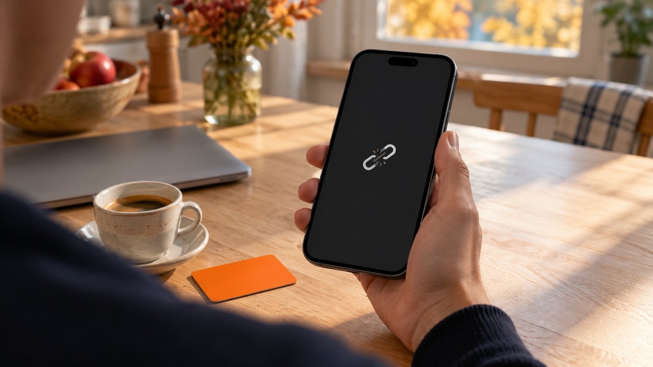 KI-Illustration: Hand mit Smartphone an einem Frühstückstisch neben einer unbeschrifteten orangefarbenen Karte