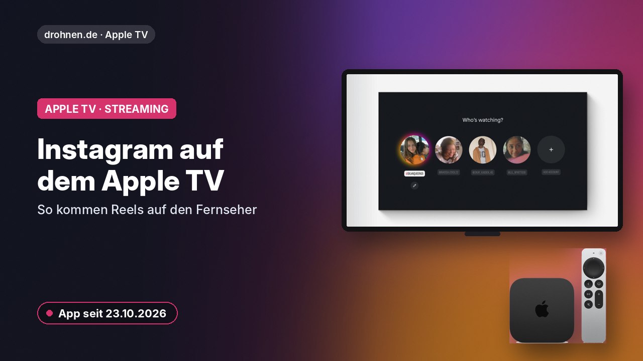 Grafik zu Instagram auf Apple TV mit Fernseher, Reels-Oberfläche und Hinweis auf tvOS 26 als Voraussetzung