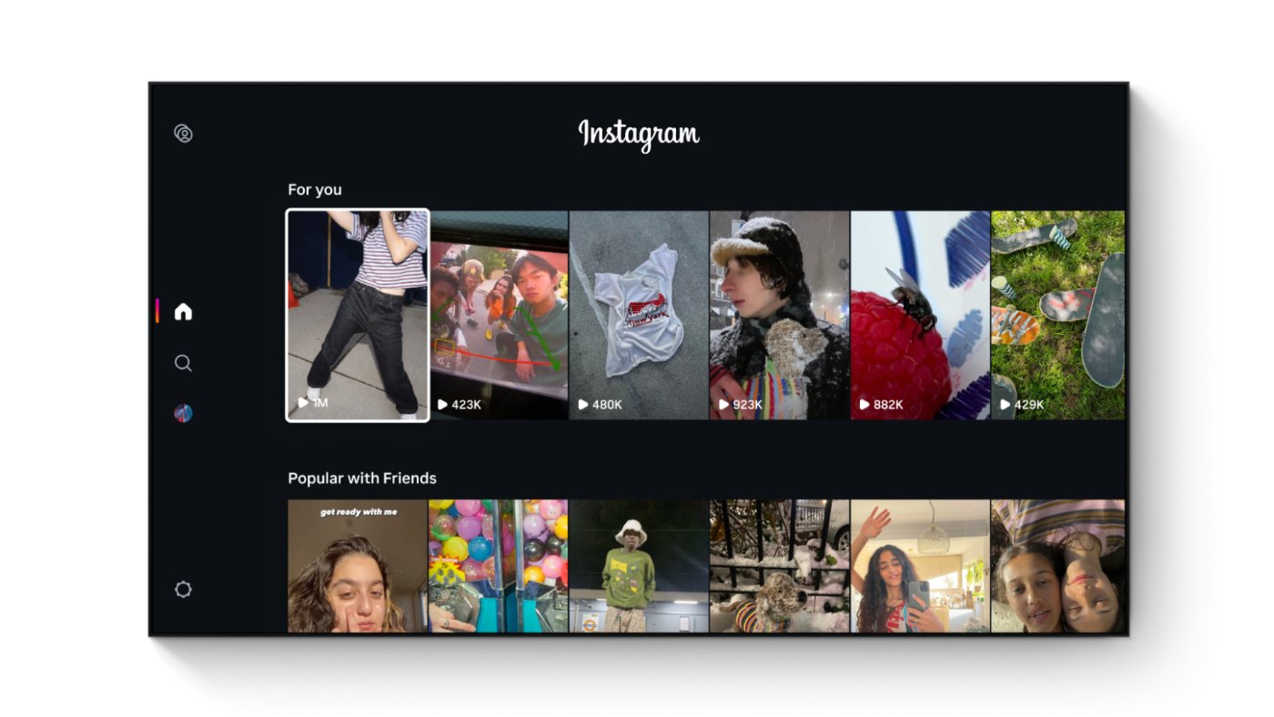 Startseite von Instagram for TV mit Reels-Vorschauen in Kanälen und Empfehlungen