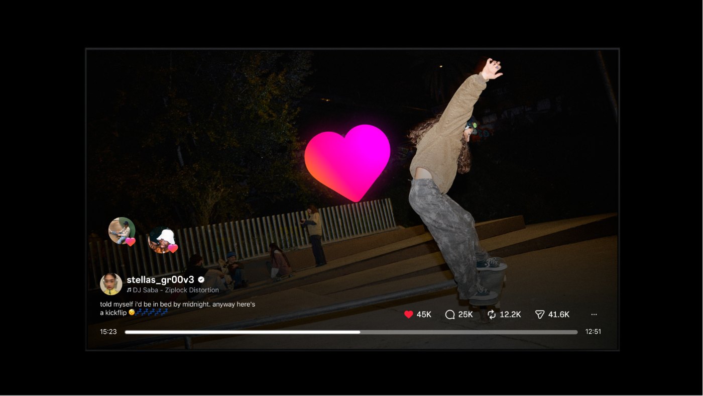 Instagram for TV zeigt ein Video im Querformat mit Herz-Animation auf einem Fernseher