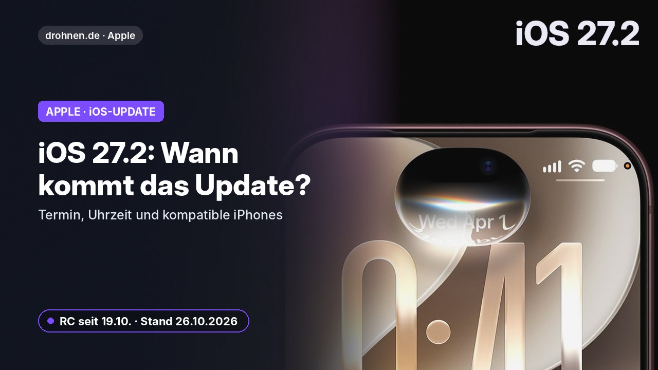 Headergrafik zu iOS 27.2 mit iPhone, Termin-Hinweis und dem Schriftzug Release, Uhrzeit und kompatible iPhones
