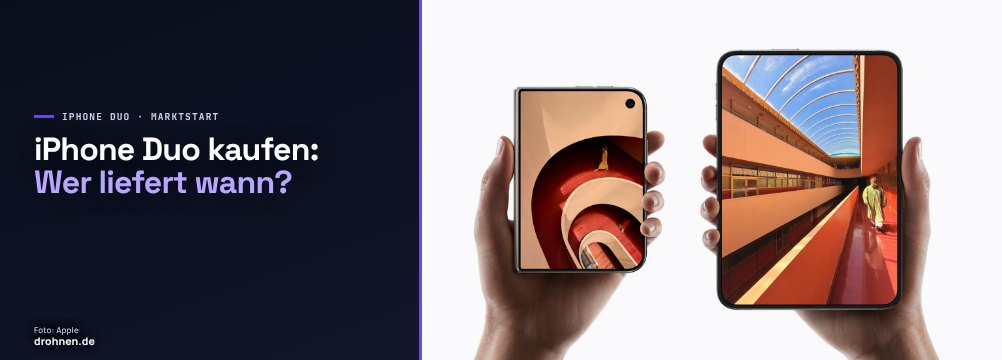 Banner mit zwei iPhone Duo in Händen und dem Schriftzug iPhone Duo kaufen: Wer liefert wann?