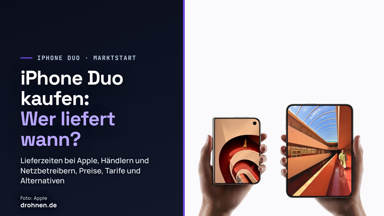 Zwei Hände halten je ein iPhone Duo, links zugeklappt mit Außendisplay, rechts aufgeklappt mit Innendisplay, daneben der Titel iPhone Duo kaufen: Wer liefert wann?