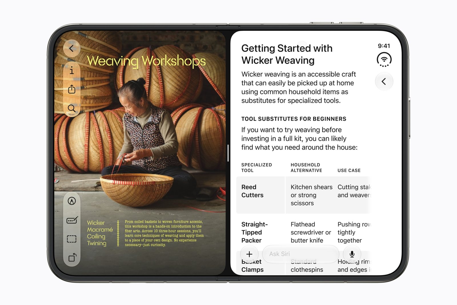 Aufgeklapptes iPhone Duo mit Split View: links eine Webseite zum Korbflechten, rechts ein Siri-Chat mit Anleitung und Tabelle
