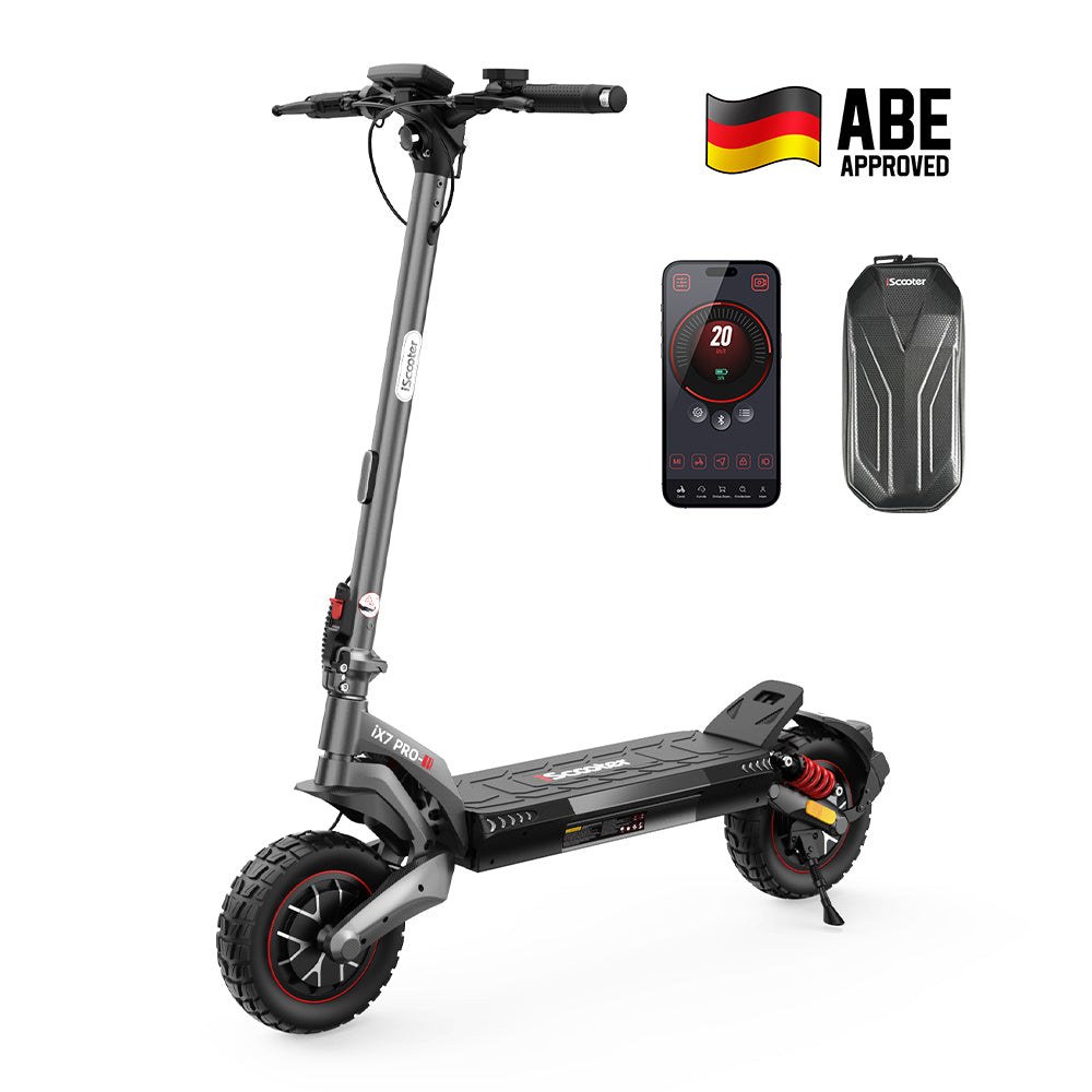 iScooter iX7 Pro – Produktansicht mit Tasche und App-Darstellung