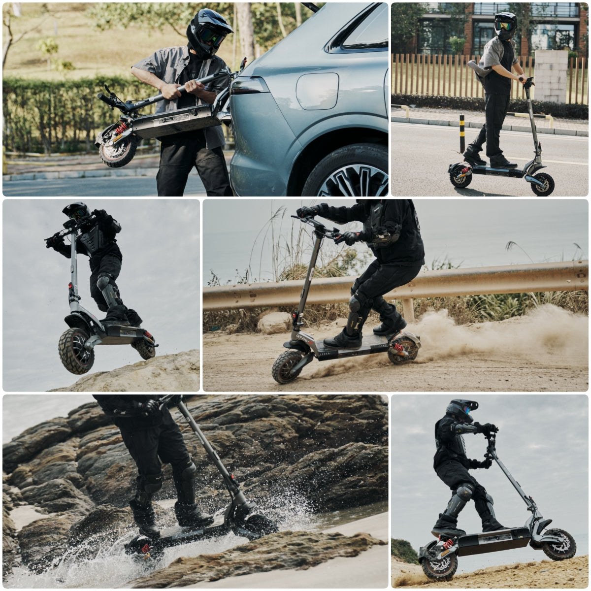 iScooter iX7 Pro – Collage mit Gelände-, Straßen- und Transportmotiven