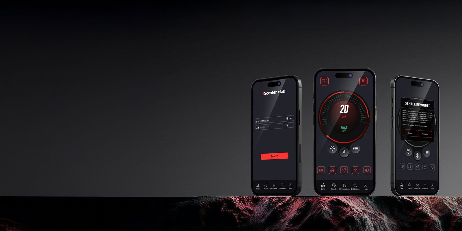 iScooter iX7 Pro – App-Ansichten auf drei Smartphones – Querformat