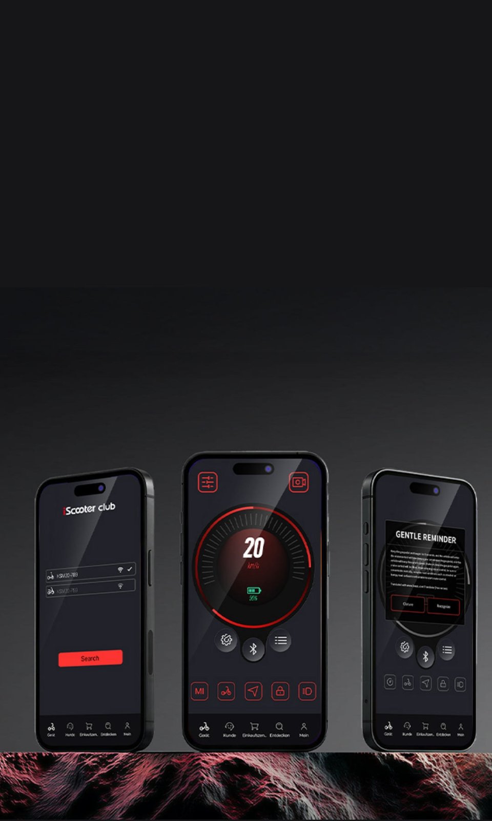 iScooter iX7 Pro – App-Ansichten auf drei Smartphones – Hochformat