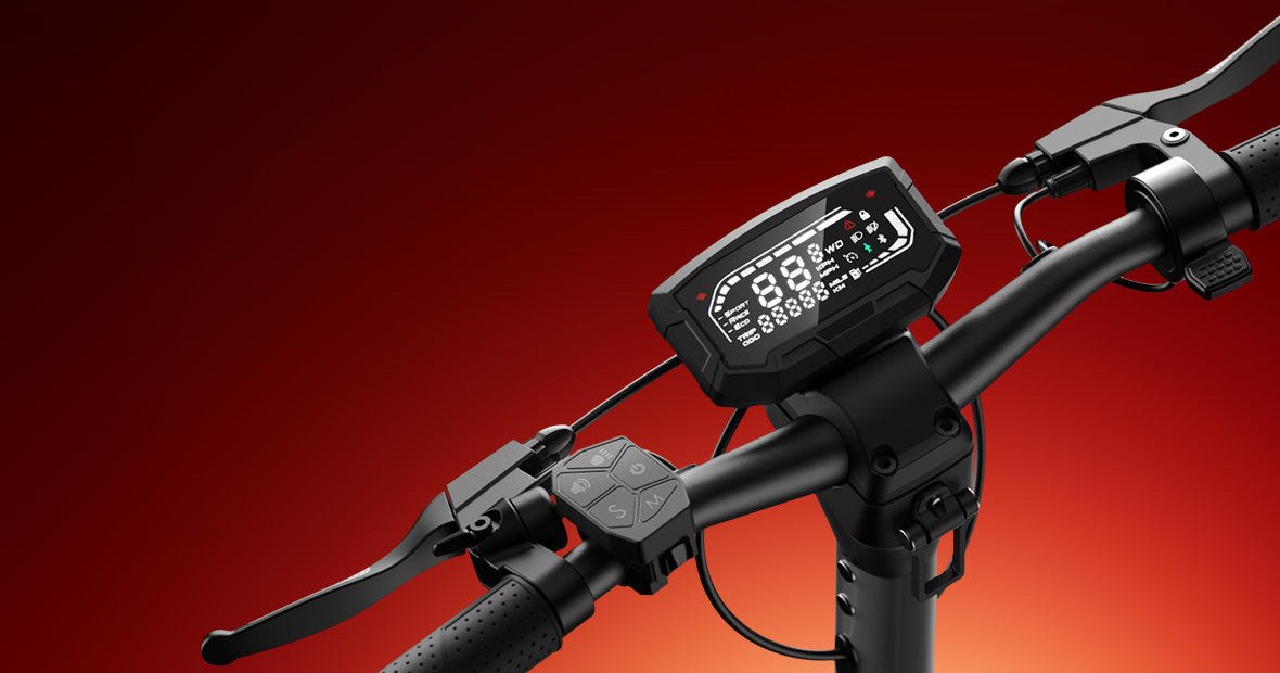 iScooter iX7 Pro – Display und Lenker vor rotem Hintergrund