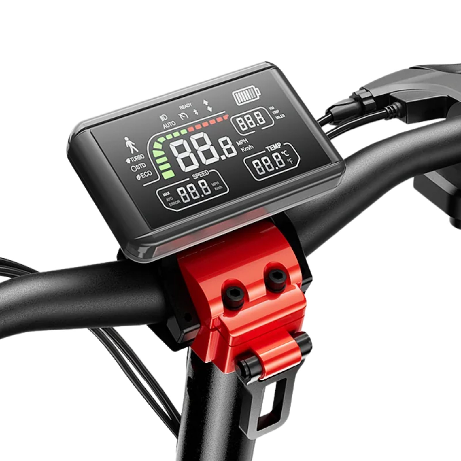 Display des isinwheel T8 mit allen Segmenten. Fehlercodes zeigt es als „E“ mit zwei Ziffern