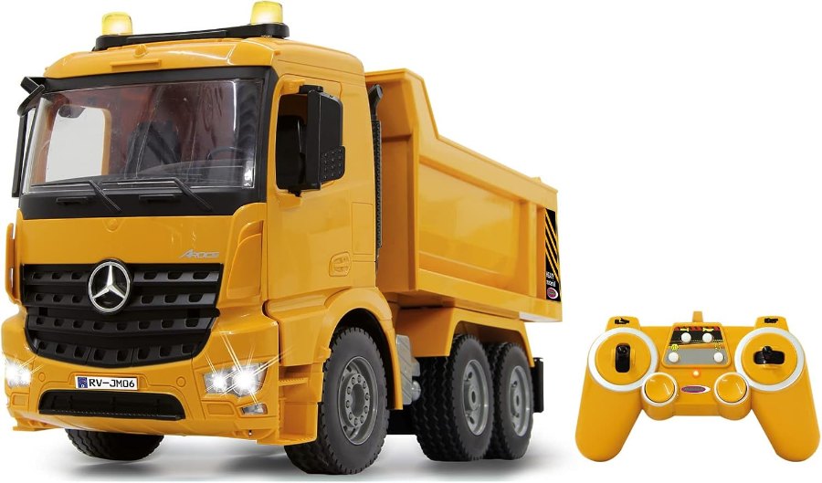 Gelber Jamara Muldenkipper Mercedes-Benz Arocs mit Kippmulde und gelber Fernsteuerung