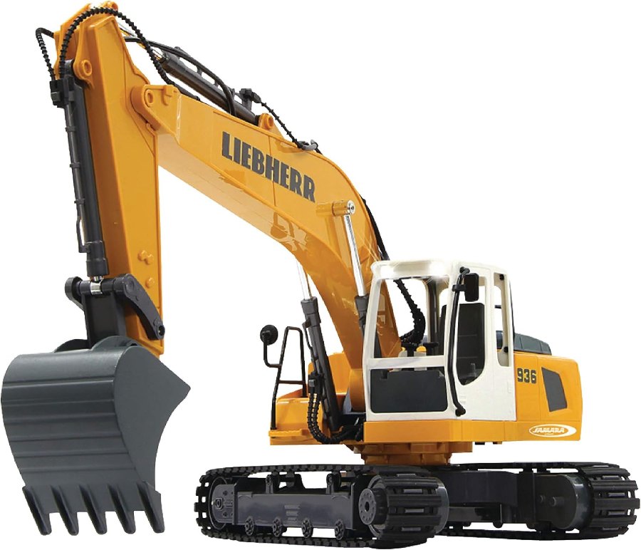 Jamara Liebherr R936 Kettenbagger im Maßstab 1:20 in Gelb und Weiß mit Ausleger und Schaufel