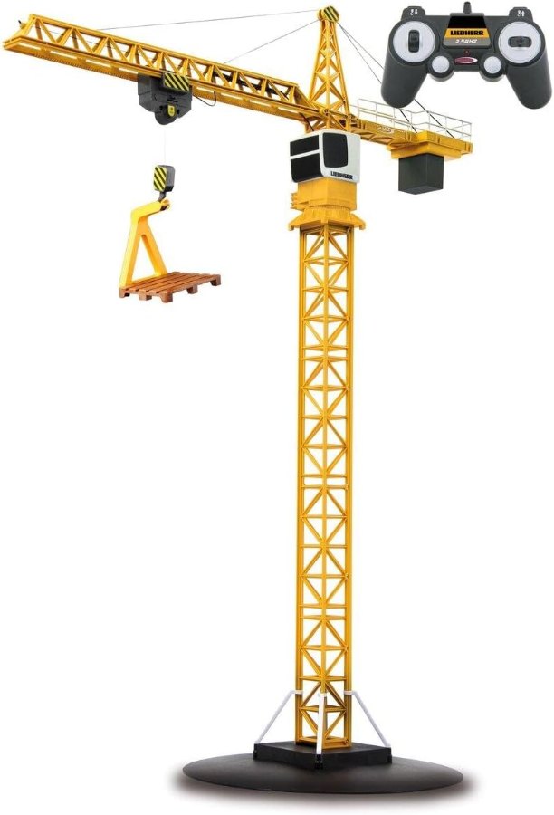 Gelber Jamara Turmdrehkran Liebherr mit Ausleger, Laufkatze, Lasthaken und Fernsteuerung