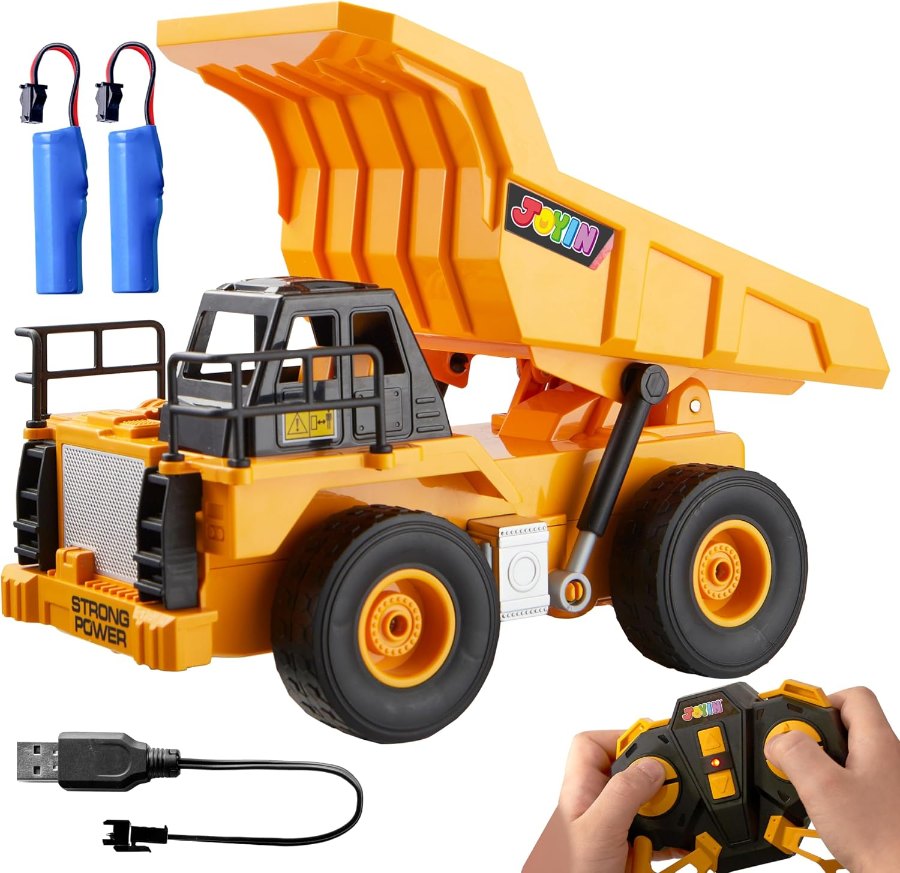 Gelber JOYIN-Muldenkipper mit hochgestellter Mulde, zwei Akkus, USB-Kabel und Fernbedienung