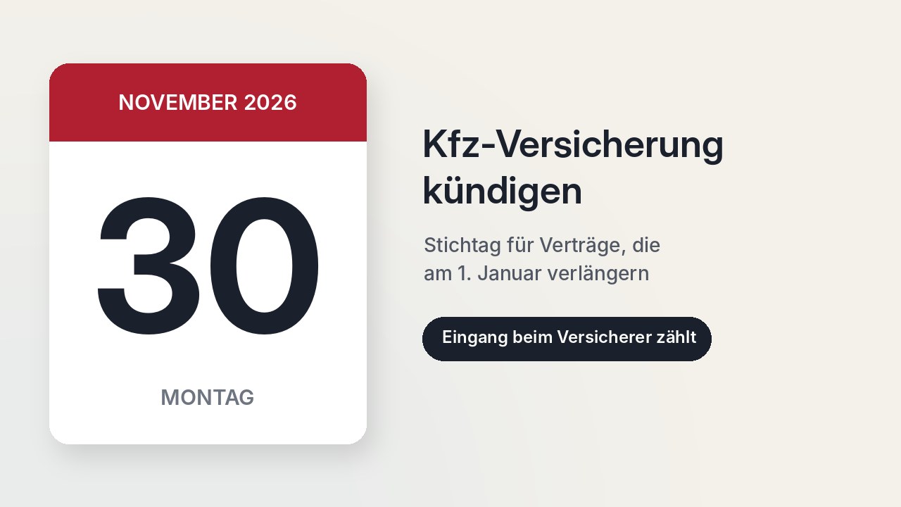 Kalenderblatt Montag, 30. November 2026, Stichtag für die Kündigung der Kfz-Versicherung