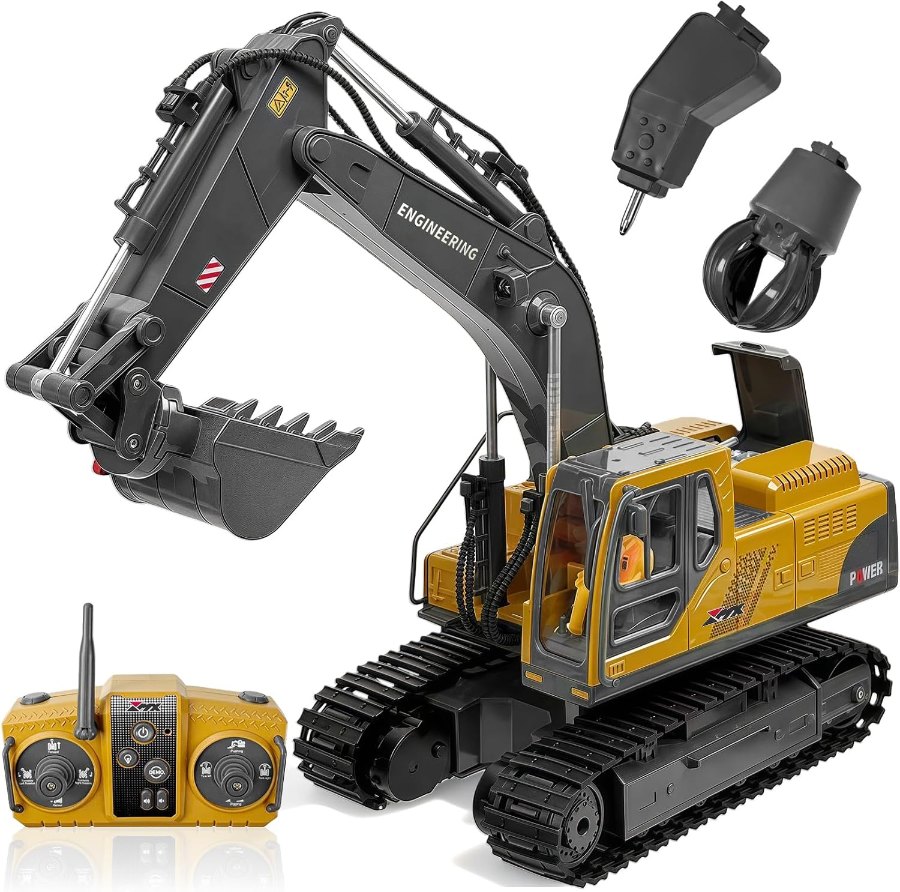 kolegend 3-in-1-Bagger in Grau und Gelb mit Klaue, Bohrer und Fernsteuerung