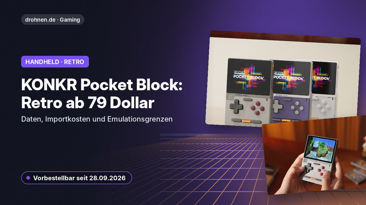Headergrafik zum KONKR Pocket Block: Retro-Handheld im Hochformat mit Titel zu Preis, Import und Emulation
