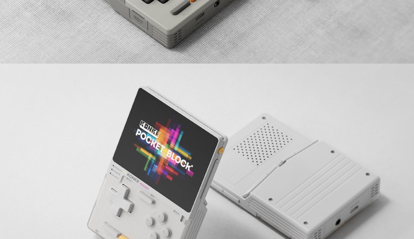Weißer KONKR Pocket Block schräg von vorn mit Display, Steuerkreuz und Aktionstasten