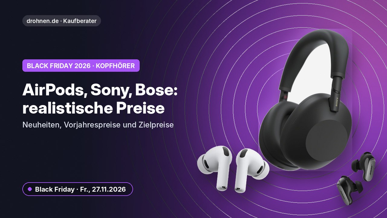 Grafik zum drohnen.de-Kaufberater: Kopfhörer am Black Friday 2026 – AirPods, Sony und Bose, mit Produktbildern