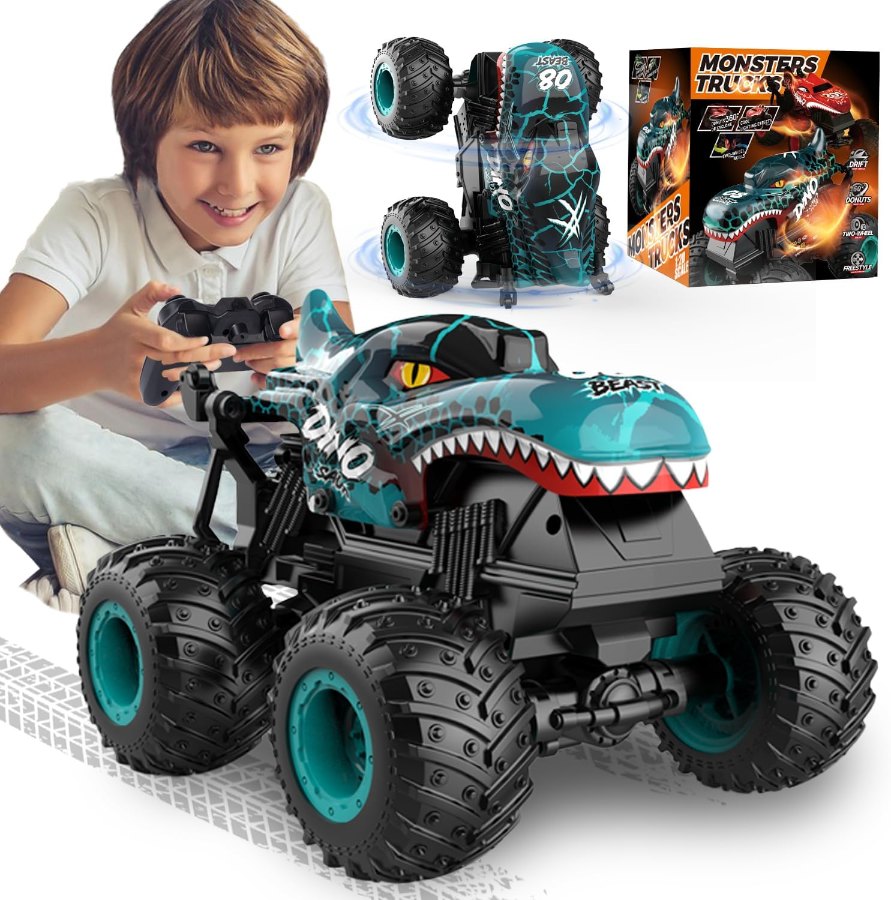 PENGBU RC-Monstertruck im Dinosaurier-Design mit Lichtern bei einem Stunt auf den Hinterrädern