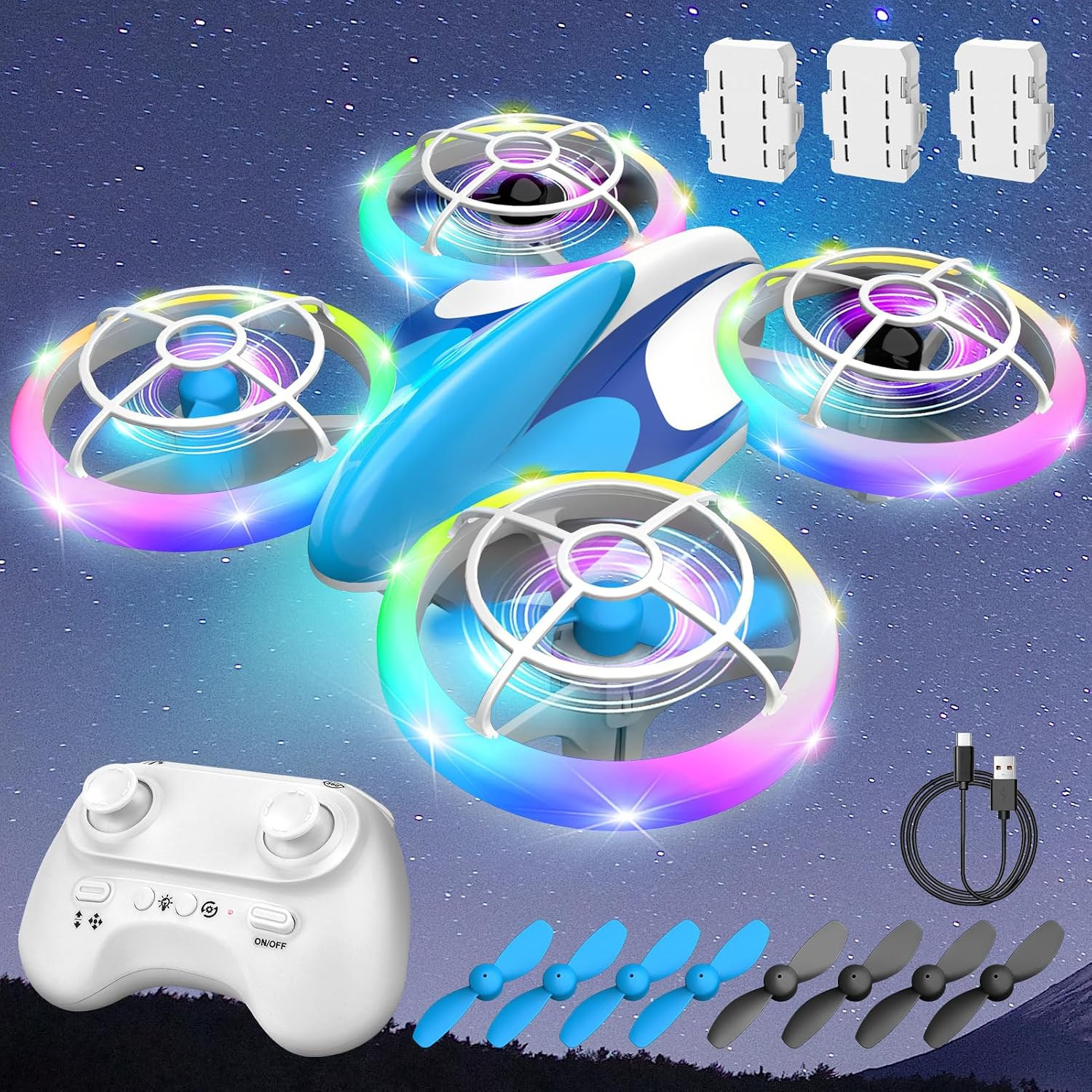 Nigecue Mini Drohne in Blau mit weißer Fernsteuerung, drei Akkus, USB-Kabel und Ersatzpropellern