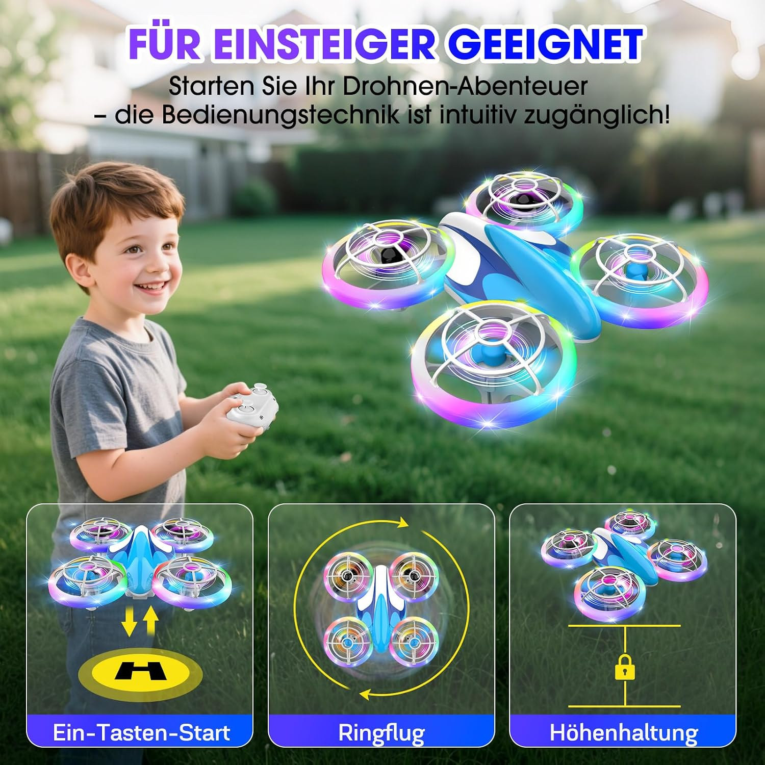 Kind steuert die Nigecue Drohne im Garten, darunter Symbole für Ein-Tasten-Start, Ringflug und Höhenhaltung
