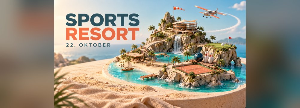 KI-Illustration einer Sportinsel im Meer mit Tennisplatz und Propellerflugzeug