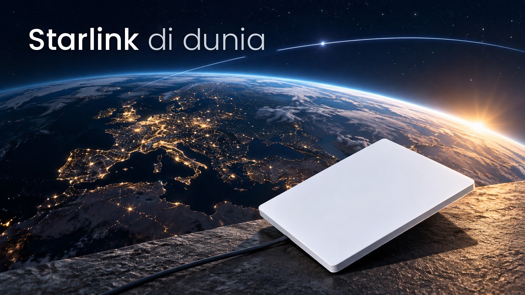Starlink Mini dengan Bumi di malam hari dan lengkung orbit samar dalam ilustrasi editorial.
