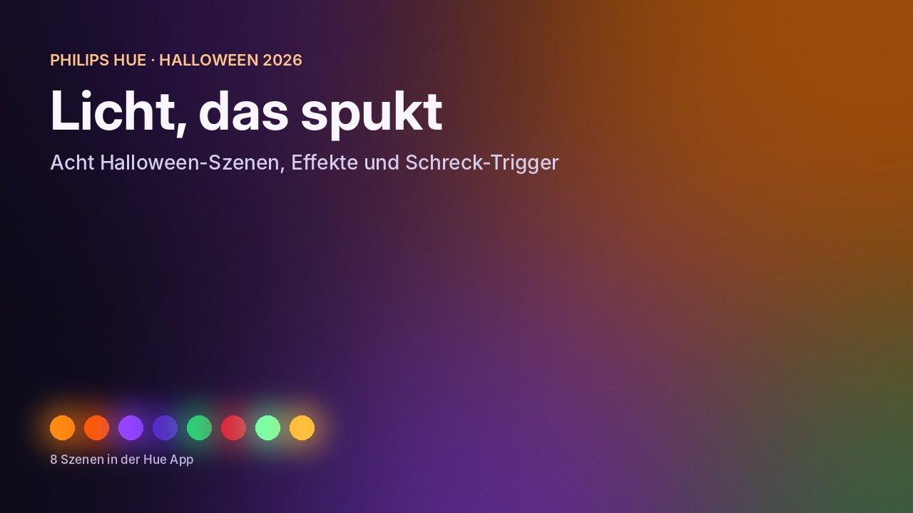 Grafik Philips Hue Halloween mit acht farbigen Lichtpunkten in Orange, Violett und Grün