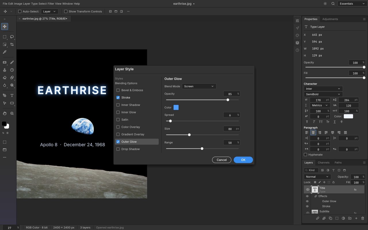 PhotoCraft Ebenenstil-Dialog mit Schlagschatten, Kontur und Verlaufsüberlagerung auf einer Textebene über dem Earthrise-Foto der NASA