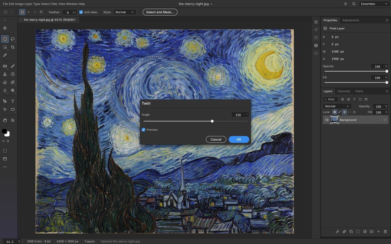 PhotoCraft Filterdialog mit Live-Vorschau über van Goghs Sternennacht