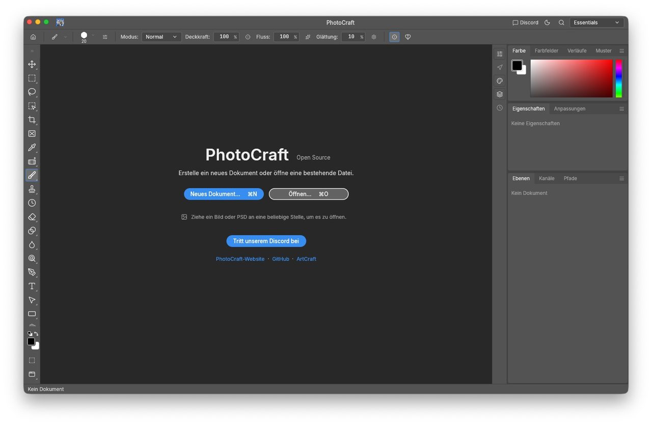 PhotoCraft Startbildschirm auf macOS mit Werkzeugleiste, Farbfeldern und Ebenenpalette in deutscher Sprache