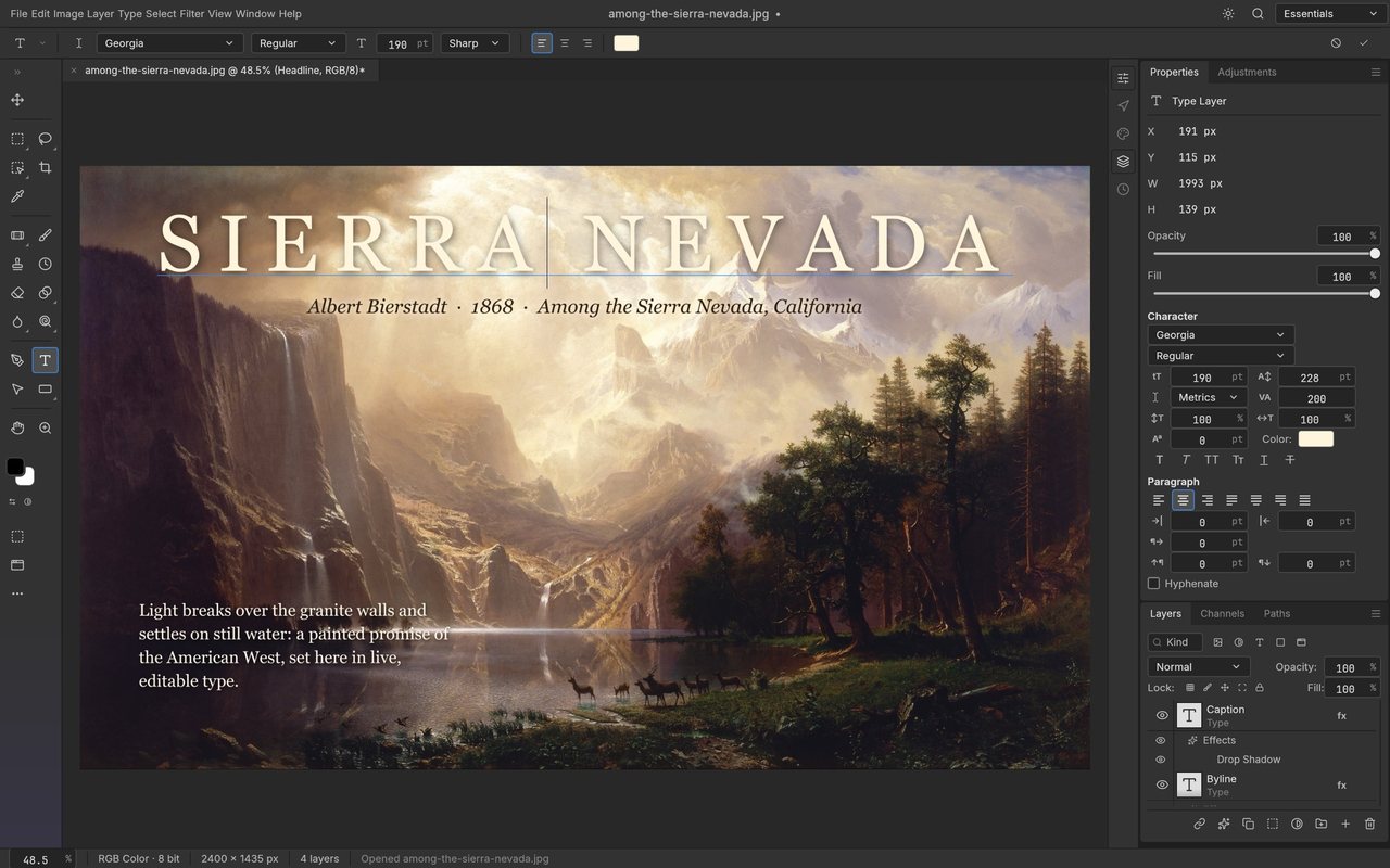 PhotoCraft Textwerkzeug mit Zeichen- und Absatzpanel über Bierstadts Among the Sierra Nevada