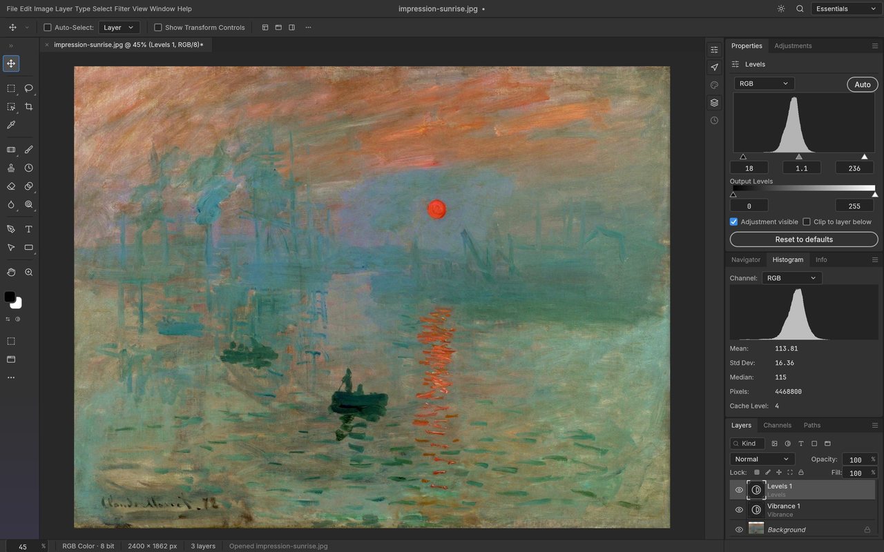 PhotoCraft Tonwertkorrektur-Dialog mit Live-Histogramm über Monets Impression, Sonnenaufgang