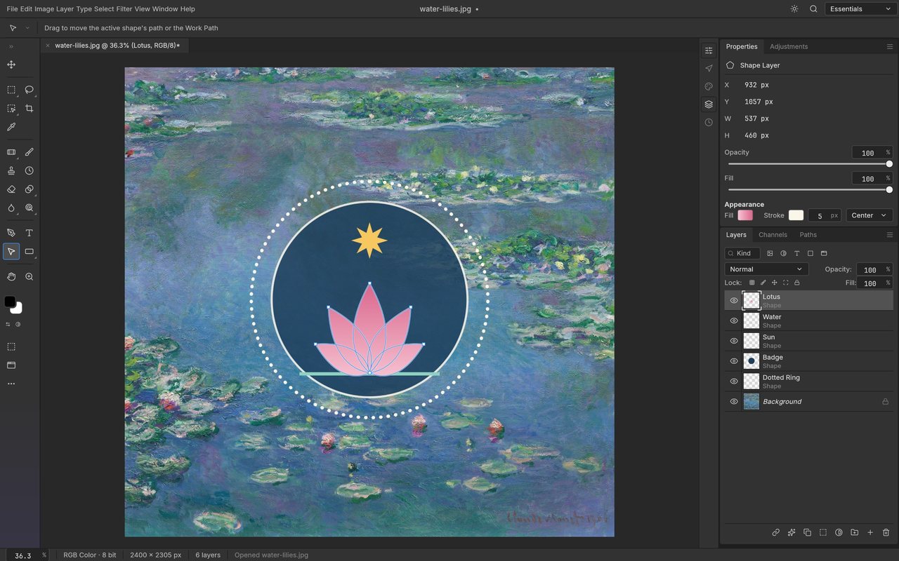 PhotoCraft mit Vektorform-Werkzeug, Pfadpalette und Formebene über Monets Seerosen