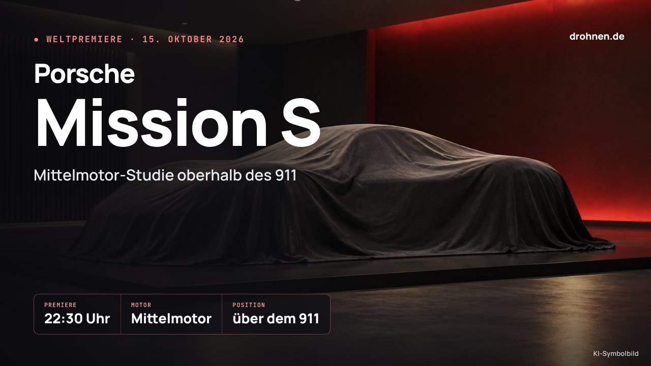 Grafik mit dem Schriftzug Porsche Mission S vor einem verhüllten Sportwagen im roten Licht, darunter die Eckdaten Premiere 22:30 Uhr, Mittelmotor und oberhalb des 911