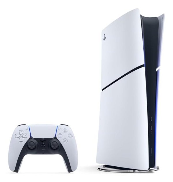 Weiße PS5 Digital Edition im Slim-Design ohne Laufwerk, stehend neben einem weißen DualSense-Controller