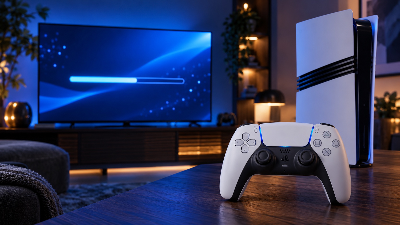 KI-Symbolbild mit weißem Spielecontroller, PlayStation-5-Pro-artiger Konsole und abstraktem Updatebalken im Gaming-Zimmer