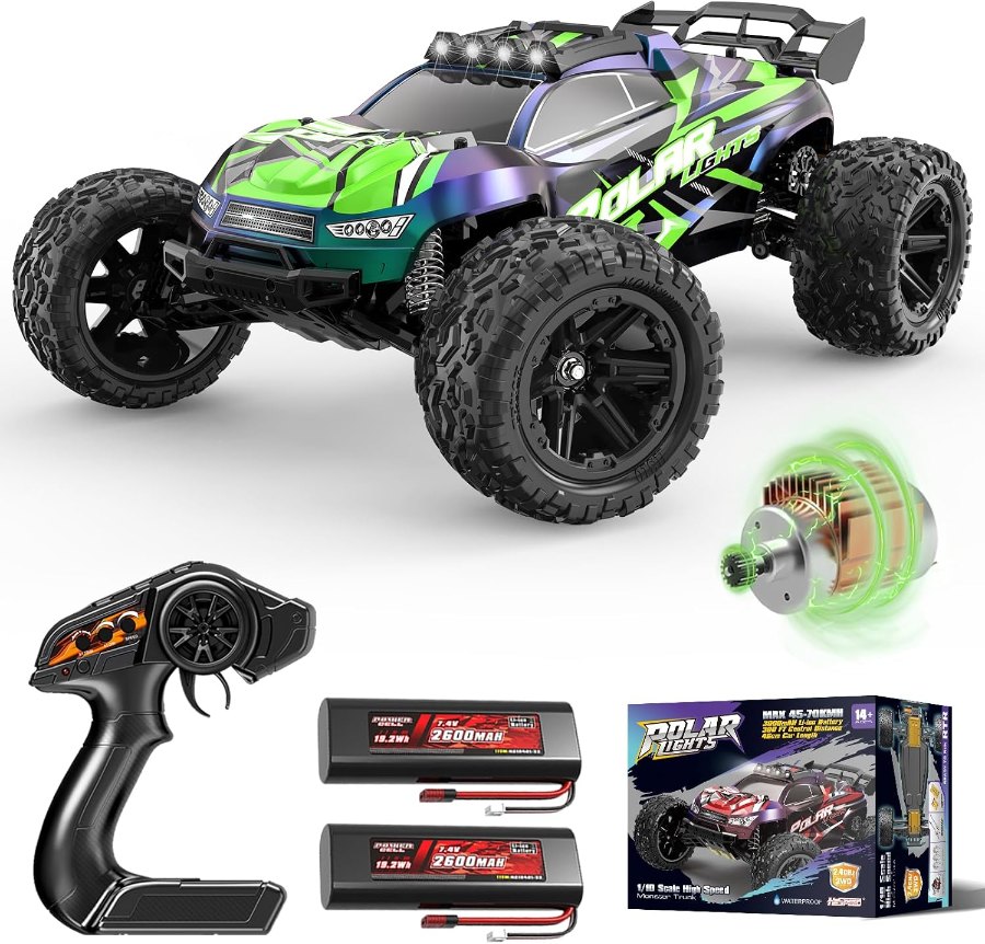 Grün-lila Womaqu 1:10 RC-Truck mit Fernsteuerung, Motor und zwei 2.600-mAh-Akkus vor der Verpackung