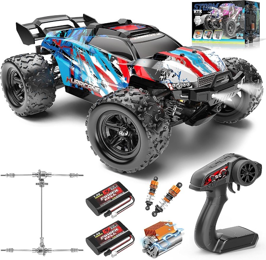 Womaqu 1:18 RC-Truck mit blau-rot-weißer Karosserie, Fernsteuerung, zwei Akkus, Stoßdämpfern und Antriebsteilen