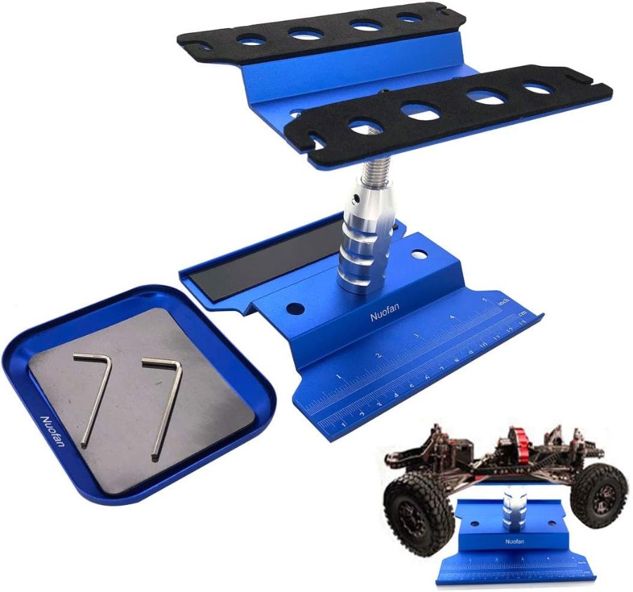 Blauer Aluminium-Montageständer für RC-Autos mit Drehteller, Schraubenschale und Inbusschlüsseln
