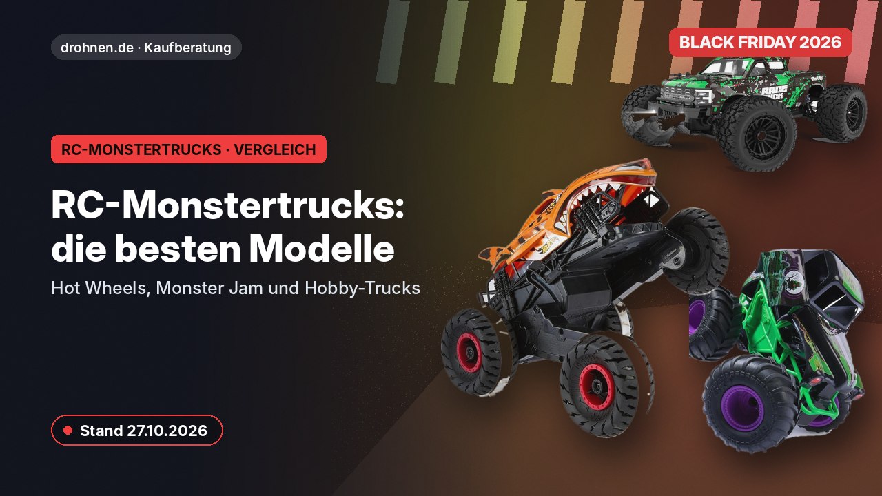 Headergrafik RC-Monstertrucks zum Black Friday 2026 mit Hot-Wheels-, Monster-Jam- und HAIBOXING-Trucks