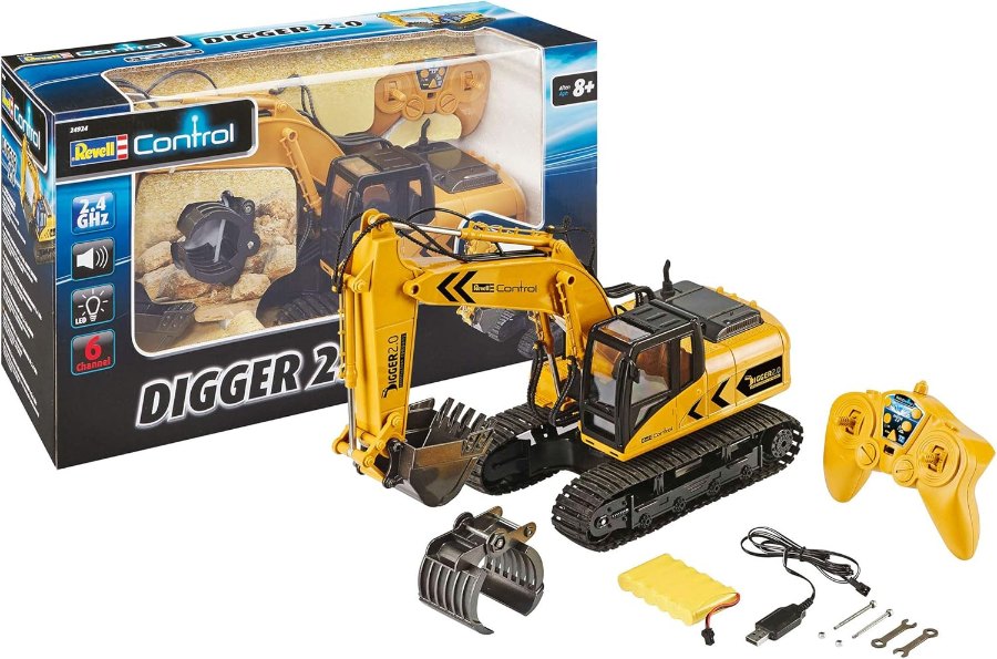 Revell Control Digger 2.0 mit Verpackung, Fernsteuerung, Akku, Greifern und Werkzeug