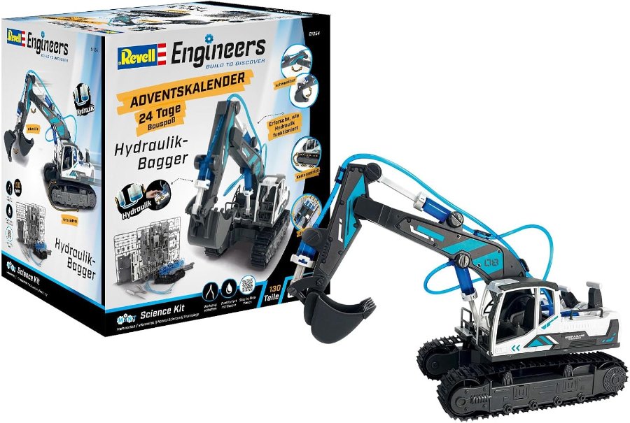 Revell Engineers Adventskalender mit fertig gebautem Wasserhydraulik-Bagger mit blauen Schläuchen