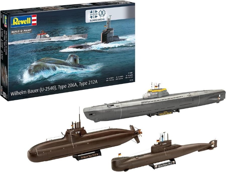 Revell-Modellbausatz mit drei deutschen U-Booten: Wilhelm Bauer, Typ 206A und Klasse 212